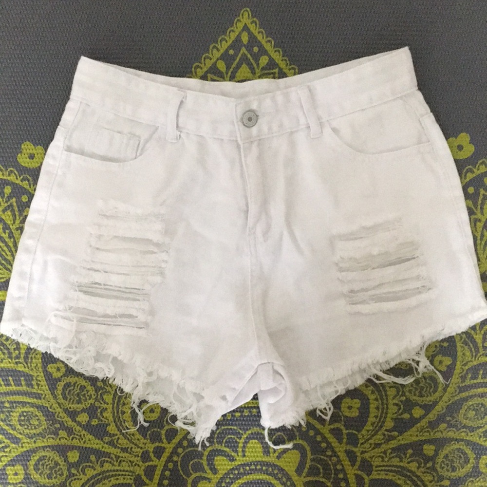 Distressed White Denim Shorts